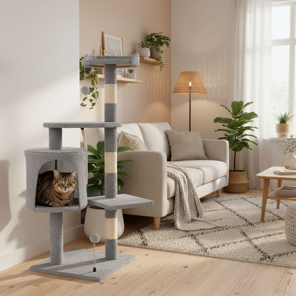 FURVEO - Kradsetræ til katte med hus, 110 cm grå
