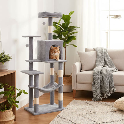FURVEO - Kradsetræ til katte med hængekøje, 146 cm, grå