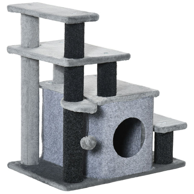PAWROOM - Pet Stairs 3/4 Trin Kattetrapper Med Sovehule & Hængende Play Ball Spånplade Plys