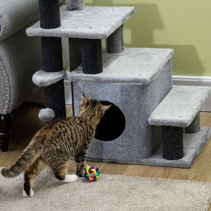 PAWROOM - Pet Stairs 3/4 Trin Kattetrapper Med Sovehule & Hængende Play Ball Spånplade Plys