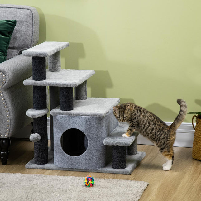 PAWROOM - Pet Stairs 3/4 Trin Kattetrapper Med Sovehule & Hængende Play Ball Spånplade Plys