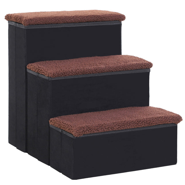 PAWROOM - Pet Stairs Foldbar Kattetrappe/Hundetrappe Med 3 Trin Og Opbevaringsplads, Til Katte Og Hunde, Mdf, Sort, 40X54X48Cm