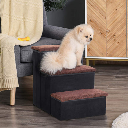 PAWROOM - Pet Stairs Foldbar Kattetrappe/Hundetrappe Med 3 Trin Og Opbevaringsplads, Til Katte Og Hunde, Mdf, Sort, 40X54X48Cm