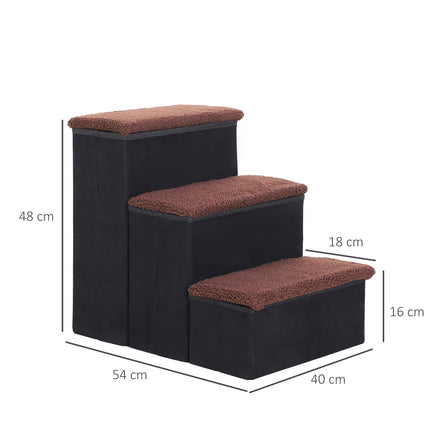 PAWROOM - Pet Stairs Foldbar Kattetrappe/Hundetrappe Med 3 Trin Og Opbevaringsplads, Til Katte Og Hunde, Mdf, Sort, 40X54X48Cm