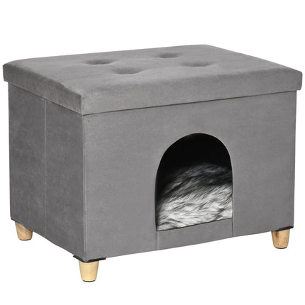 PAWROOM - 2-I-1 Cat Cave Fodskammel Med Pude Træben Kattehus Kattekurv Blødt Polstret Osmannisk Elegant Design Aftagelig Mdf Plys Grå