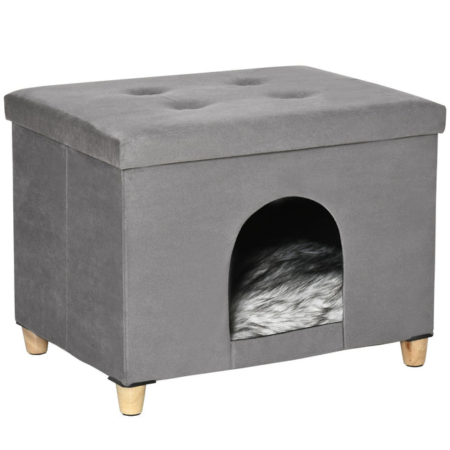 PAWROOM - 2-I-1 Cat Cave Fodskammel Med Pude Træben Kattehus Kattekurv Blødt Polstret Osmannisk Elegant Design Aftagelig Mdf Plys Grå