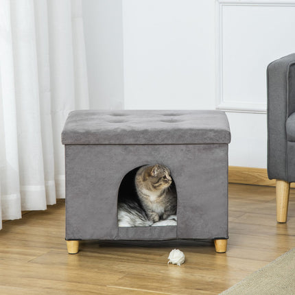 PAWROOM - 2-I-1 Cat Cave Fodskammel Med Pude Træben Kattehus Kattekurv Blødt Polstret Osmannisk Elegant Design Aftagelig Mdf Plys Grå