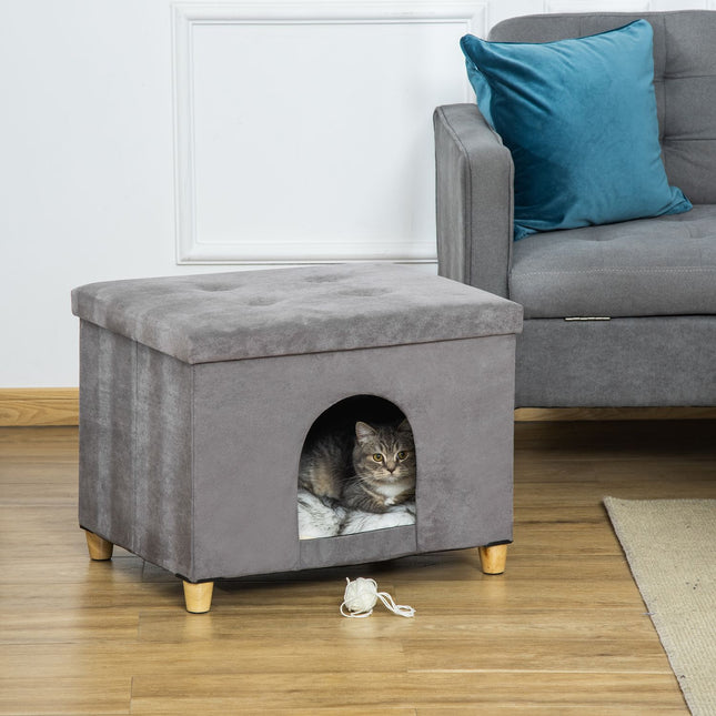 PAWROOM - 2-I-1 Cat Cave Fodskammel Med Pude Træben Kattehus Kattekurv Blødt Polstret Osmannisk Elegant Design Aftagelig Mdf Plys Grå
