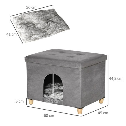 PAWROOM - 2-I-1 Cat Cave Fodskammel Med Pude Træben Kattehus Kattekurv Blødt Polstret Osmannisk Elegant Design Aftagelig Mdf Plys Grå