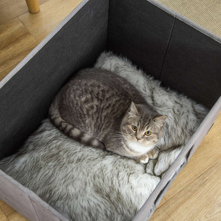 PAWROOM - 2-I-1 Cat Cave Fodskammel Med Pude Træben Kattehus Kattekurv Blødt Polstret Osmannisk Elegant Design Aftagelig Mdf Plys Grå