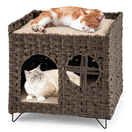 PAWROOM - Foldable 2-Tier Rattan Cat House with Cushions