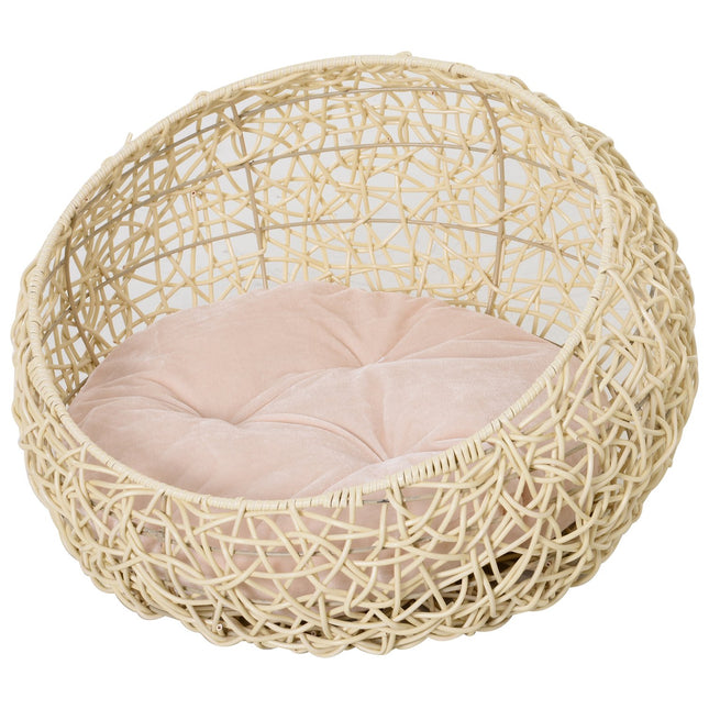 PAWROOM - Katteseng Lavet Af Rattan Komfortabel Kattehule Med Pude, Kattekurv & Hundeseng, Beige, Ø56X35Cm