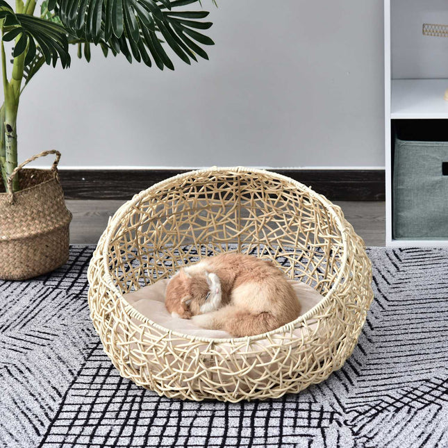 PAWROOM - Katteseng Lavet Af Rattan Komfortabel Kattehule Med Pude, Kattekurv & Hundeseng, Beige, Ø56X35Cm