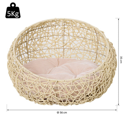 PAWROOM - Katteseng Lavet Af Rattan Komfortabel Kattehule Med Pude, Kattekurv & Hundeseng, Beige, Ø56X35Cm