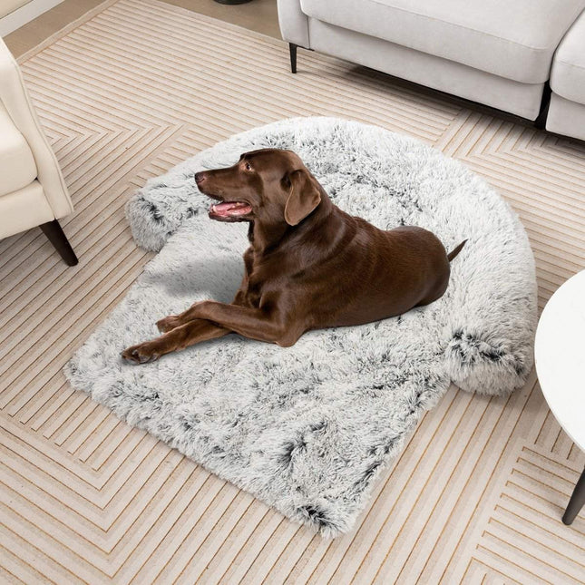 PAWROOM - Plys seng til hunde med skridsikker bund, aftageligt vaskbart betræk og blød halsrulle, stor 115 x 120 cm, grå-hvid