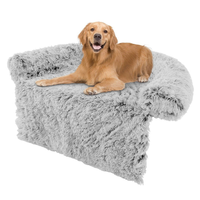 PAWROOM - Plys seng til hunde med skridsikker bund, aftageligt vaskbart betræk og blød halsrulle, stor 115 x 120 cm, grå-hvid