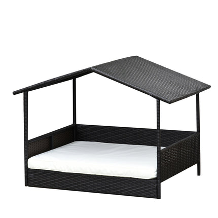 PAWROOM - Hundehus I Rattan Med Hynde, Husformet Hundeseng, Udendørs Hundehus, Stålstel, Pp, Kaffebrun, 98 X 69 X 73 Cm