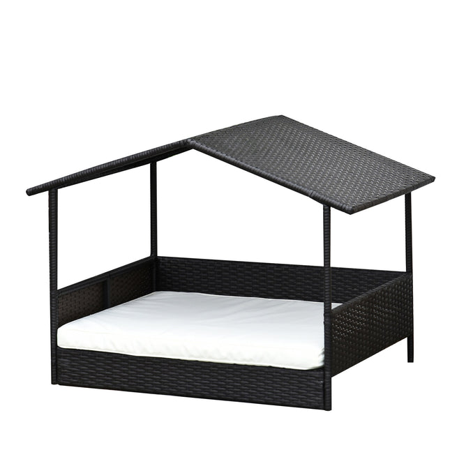 PAWROOM - Hundehus I Rattan Med Hynde, Husformet Hundeseng, Udendørs Hundehus, Stålstel, Pp, Kaffebrun, 98 X 69 X 73 Cm