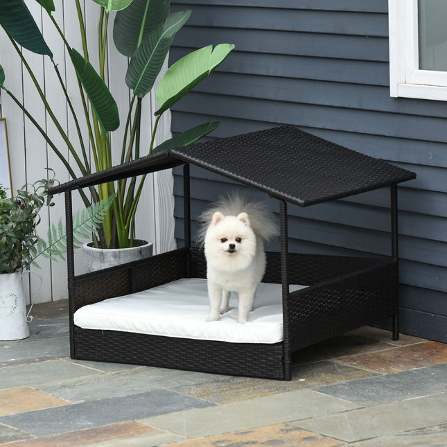 PAWROOM - Hundehus I Rattan Med Hynde, Husformet Hundeseng, Udendørs Hundehus, Stålstel, Pp, Kaffebrun, 98 X 69 X 73 Cm