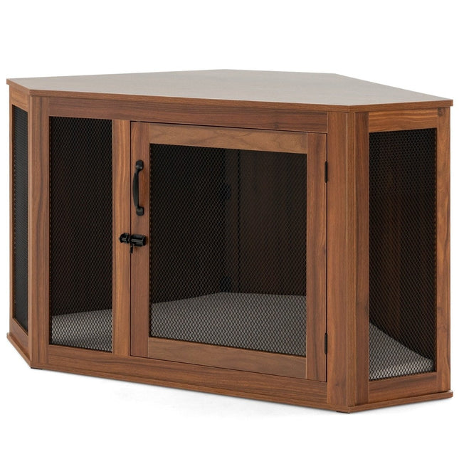 PAWROOM - Corner Pet Crate Dog Kennel End Table with Mesh Door & Cushion 114 x 59 x 67cm Brown