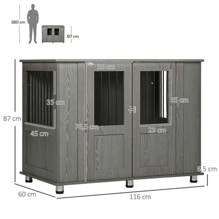 PAWROOM - Hundebur Til Hjemmet, Kæledyrsbur, Indendørs Hundekennel Med Lås, Magnetisk Dør, Hundehus Med Vindue, Hundeboks Til Ekstra Store Hunde, Grå, 116 X 60 X 87 Cm