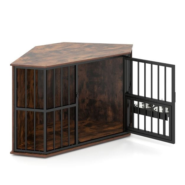 PAWROOM - Corner Dog Crate Furniture, 114x60x68 cm, Adjustable Feeder