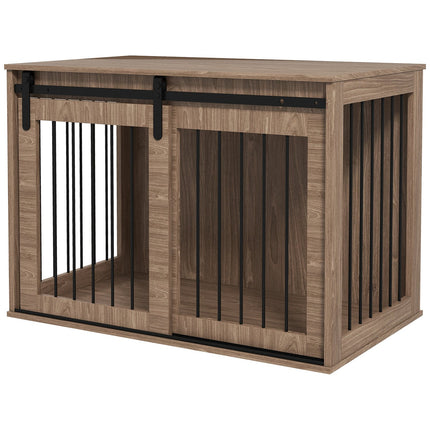 PAWROOM - Hundebur Hundeboks Med Skydedør, Indendørs Hundehus Med Trælook, Lås, Til Store Hunde Op Til 30 Kg, 98 X 58 X 67 Cm, Valnød