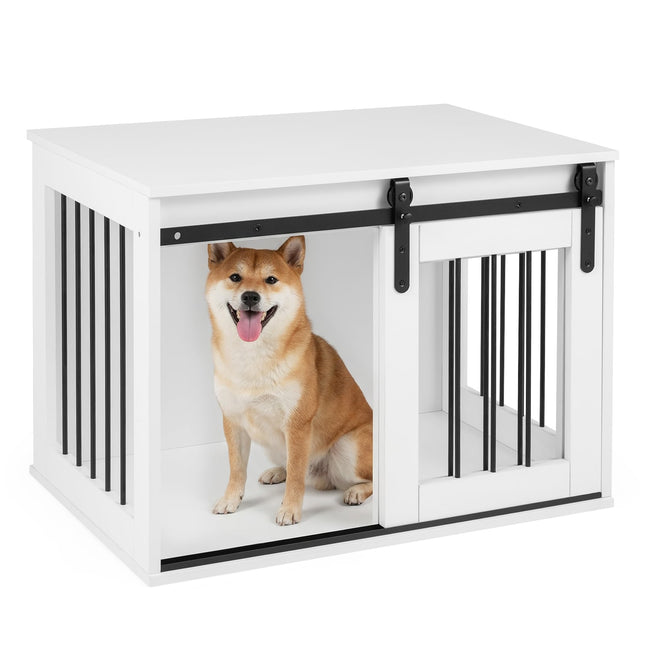 PAWROOM - Dog Crate Furniture with Sliding Barn Door, White, 80 cm