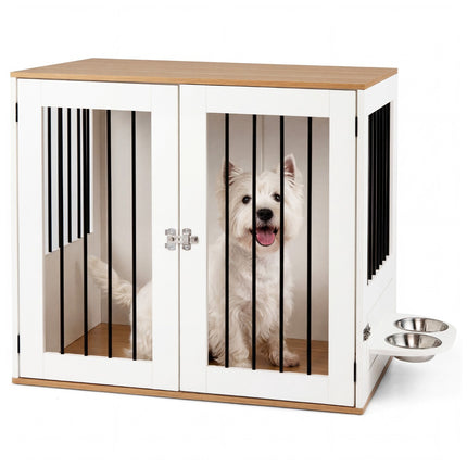 PAWROOM - Dog Crate with Rotating Bowls & Lockable Door, White