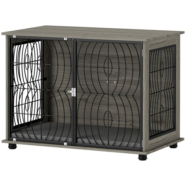 PAWROOM - Hundebur til hjemmet, hundegård, indendørs kæledyrsbur med pude, hundehus med vindue, hundebur til store hunde, grå, 100 x 60 x 73,5 cm