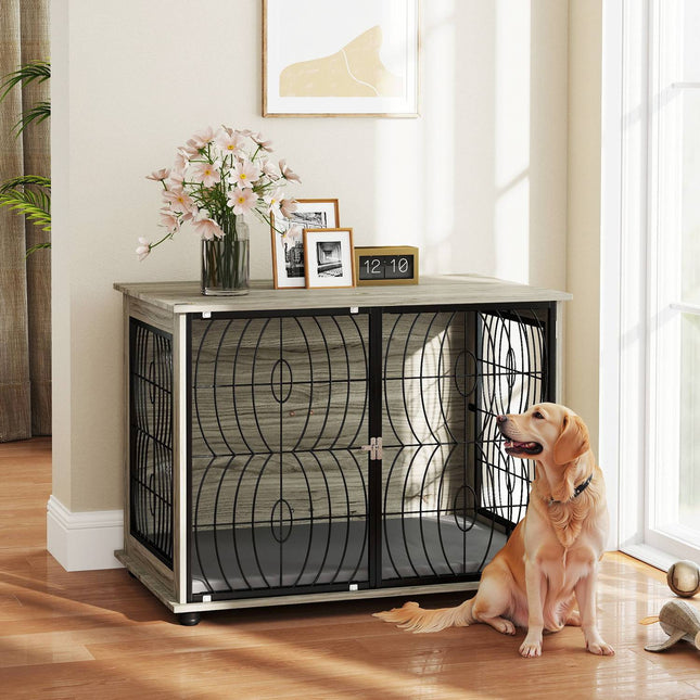 PAWROOM - Hundebur til hjemmet, hundegård, indendørs kæledyrsbur med pude, hundehus med vindue, hundebur til store hunde, grå, 100 x 60 x 73,5 cm