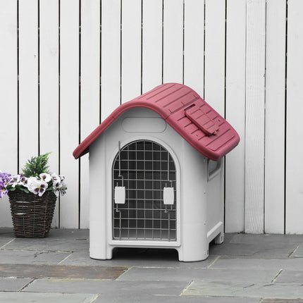 PAWROOM - Hundekennel Udendørs Hundehus Med Tagluge Port Shelter Til Små Hunde Små Dyreskur Luftcirkulation Vandtæt Metal Pp Rød+Lysgrå