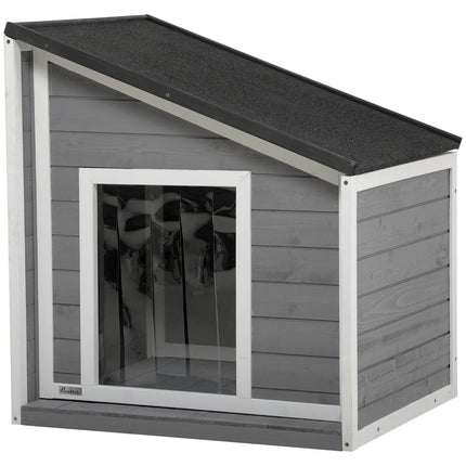 PAWROOM - Hundehus Vejrbestandigt Hundehus Fremstillet Af Grantræ Med Asfalttag & Dørgardin, Grå, 71X58X53/77Cm