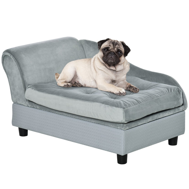PAWROOM - Hundesofa Plys Hundeseng Med Måtte Og Opbevaringsplads, Naturligt Træ, Lyseblå, 76X45X41,5 Cm
