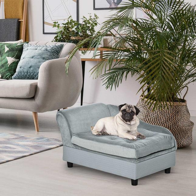 PAWROOM - Hundesofa Plys Hundeseng Med Måtte Og Opbevaringsplads, Naturligt Træ, Lyseblå, 76X45X41,5 Cm