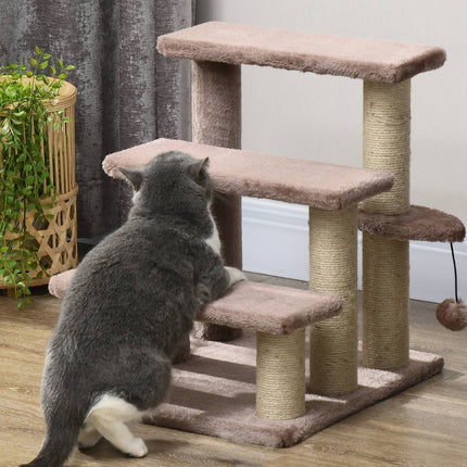 PAWROOM - Kattetrapper, dyretrapper til katte, hundetrapper, 3 trin, med kradsestolper, legebold, plys, brun, 45x40x48cm