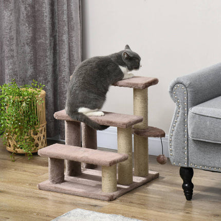PAWROOM - Kattetrapper, dyretrapper til katte, hundetrapper, 3 trin, med kradsestolper, legebold, plys, brun, 45x40x48cm