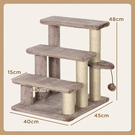 PAWROOM - Kattetrapper, dyretrapper til katte, hundetrapper, 3 trin, med kradsestolper, legebold, plys, brun, 45x40x48cm