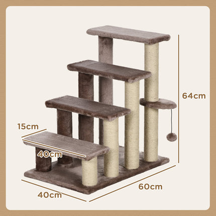 PAWROOM - 4-trins kattetrappe med kradsestolpe, op til 5 kg, kæledyrstrapper med legebold, hundetrappe, dyretrappe, plys, brun, 60 x 40 x 64 cm