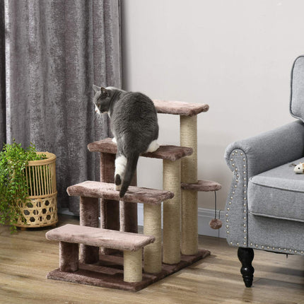 PAWROOM - 4-trins kattetrappe med kradsestolpe, op til 5 kg, kæledyrstrapper med legebold, hundetrappe, dyretrappe, plys, brun, 60 x 40 x 64 cm