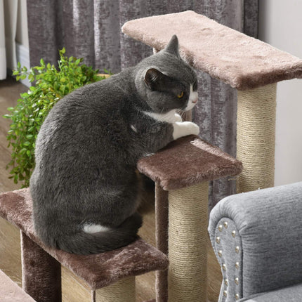 PAWROOM - 4-trins kattetrappe med kradsestolpe, op til 5 kg, kæledyrstrapper med legebold, hundetrappe, dyretrappe, plys, brun, 60 x 40 x 64 cm