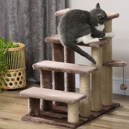 PAWROOM - 4-trins kattetrappe med kradsestolpe, op til 5 kg, kæledyrstrapper med legebold, hundetrappe, dyretrappe, plys, brun, 60 x 40 x 64 cm