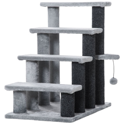 PAWROOM - Pet Trappe Kattetrappe Med Kradsestolpe Bold 4-Trins Hundetrappe Dyretrappe Spånplade Plys Jute Grå 60 X 40 X 64 Cm