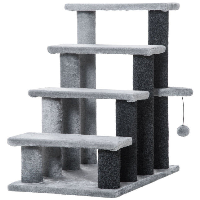 PAWROOM - Pet Trappe Kattetrappe Med Kradsestolpe Bold 4-Trins Hundetrappe Dyretrappe Spånplade Plys Jute Grå 60 X 40 X 64 Cm