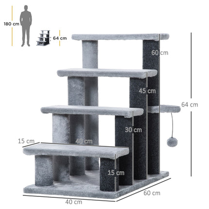 PAWROOM - Pet Trappe Kattetrappe Med Kradsestolpe Bold 4-Trins Hundetrappe Dyretrappe Spånplade Plys Jute Grå 60 X 40 X 64 Cm