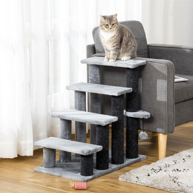 PAWROOM - Pet Trappe Kattetrappe Med Kradsestolpe Bold 4-Trins Hundetrappe Dyretrappe Spånplade Plys Jute Grå 60 X 40 X 64 Cm