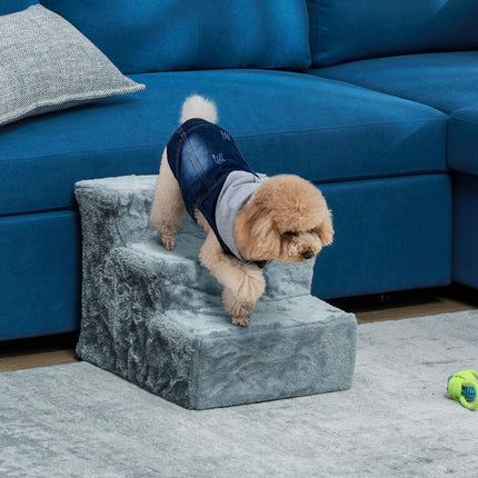 PAWROOM - Hundetrapper 3-trins 35 cm dyretrapper med plys-look kattetrapper til sengesofa Katte op til 5 kg lysegrå
