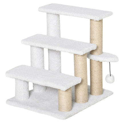 PAWROOM - Pet Trappe Med Kradsestolpe Kugle 3-Trins Kattetrappe Hundetrappe Dyretrappe Spånplade Plys Jute Hvid 45 X 40 X 48 Cm