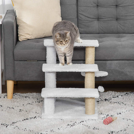 PAWROOM - Pet Trappe Med Kradsestolpe Kugle 3-Trins Kattetrappe Hundetrappe Dyretrappe Spånplade Plys Jute Hvid 45 X 40 X 48 Cm