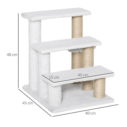 PAWROOM - Pet Trappe Med Kradsestolpe Kugle 3-Trins Kattetrappe Hundetrappe Dyretrappe Spånplade Plys Jute Hvid 45 X 40 X 48 Cm